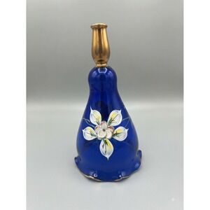 Vintage Fenton Cobalt Blue Glass‎ Hand Painted Floral Dinner Bell Gold Trim Mini